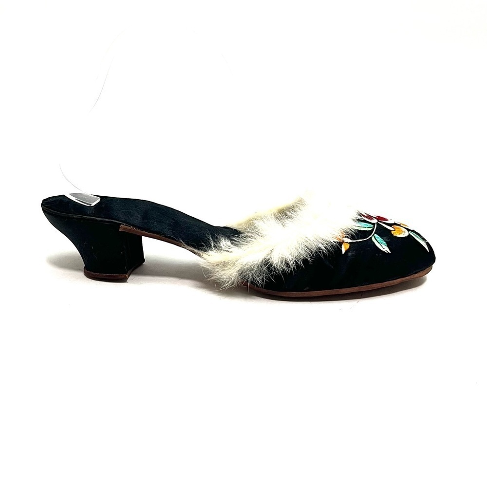 Antique 1920s black silk satin fur trim floral embroidered boudoir slippers